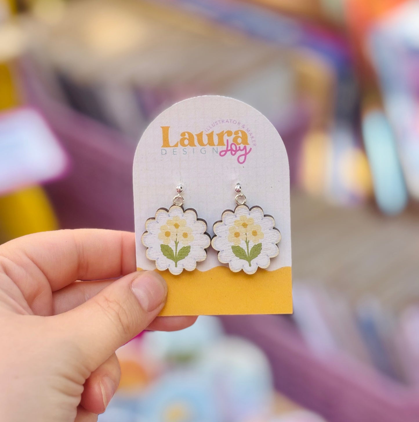 Mini Primrose Wooden Stud Drop Earrings | Sterling Silver Floral Earrings