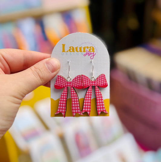 Red & Pink Gingham Bow Wooden Earrings | Sterling Silver