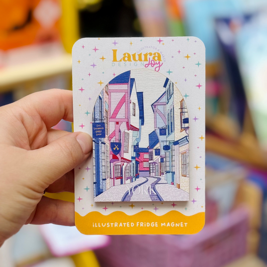 York Shambles Wooden Fridge Magnet | Blue & Pink Illustration